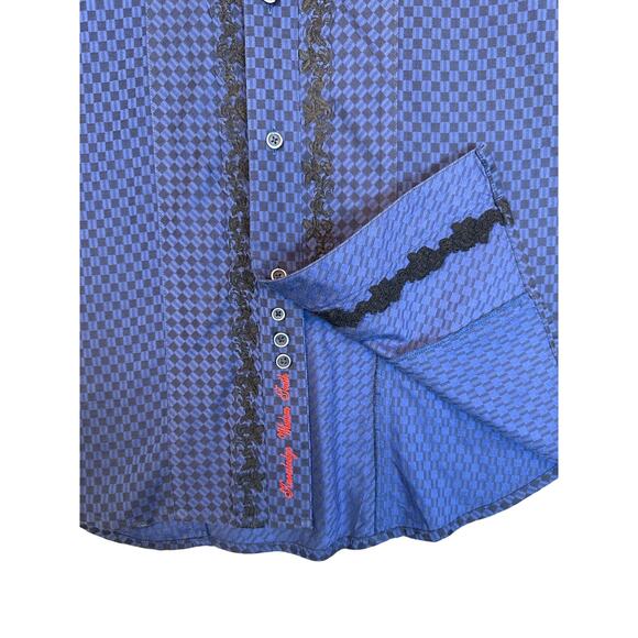 Mens Robert Graham Button Up Long Sleeve Shirt  Medium Blue Black Checkered - Picture 8 of 10